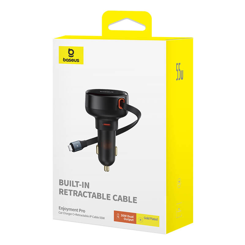 BASEUS ENJOYMENT PRO CAR CHARGER C+RETRACTABLE IP CABLE 55W CLUSTER - شاحن سيارة تايب سي مع كيبل لايتننغ مدمج 55 واط من باسيوس