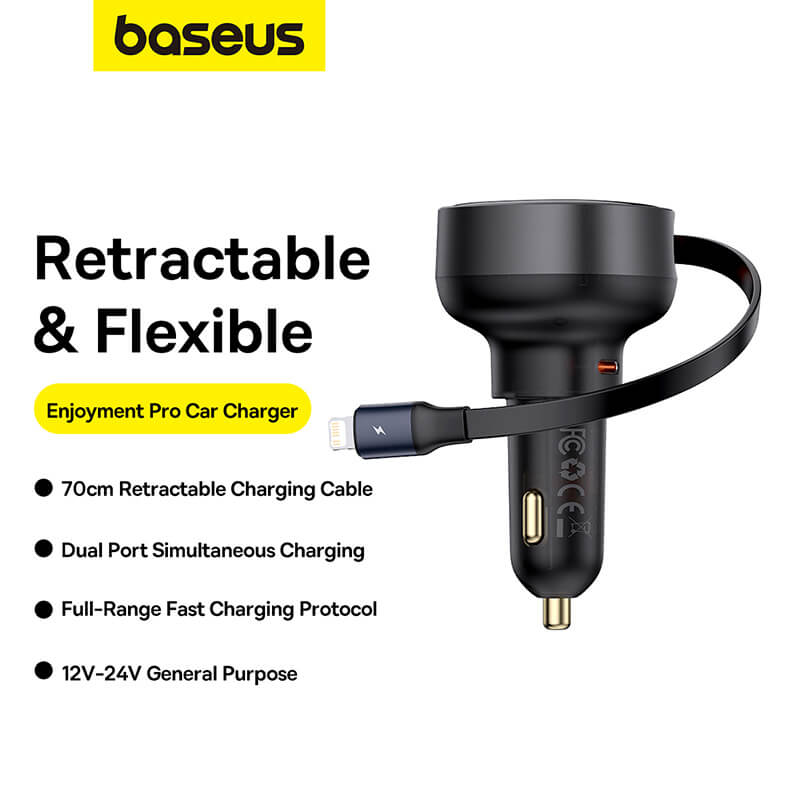 BASEUS ENJOYMENT PRO CAR CHARGER C+RETRACTABLE IP CABLE 55W CLUSTER - شاحن سيارة تايب سي مع كيبل لايتننغ مدمج 55 واط من باسيوس
