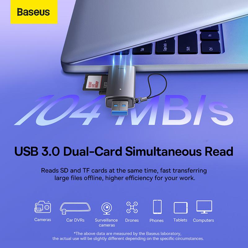 BASEUS LITE SERIES USB-A & TYPE-C TO SD/TF CARD READER GREY - قارئ بطاقات من باسيوس