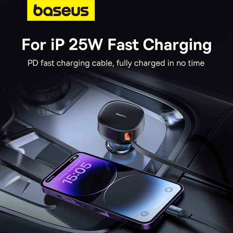 BASEUS ENJOYMENT PRO CAR CHARGER C+RETRACTABLE IP CABLE 55W CLUSTER - شاحن سيارة تايب سي مع كيبل لايتننغ مدمج 55 واط من باسيوس
