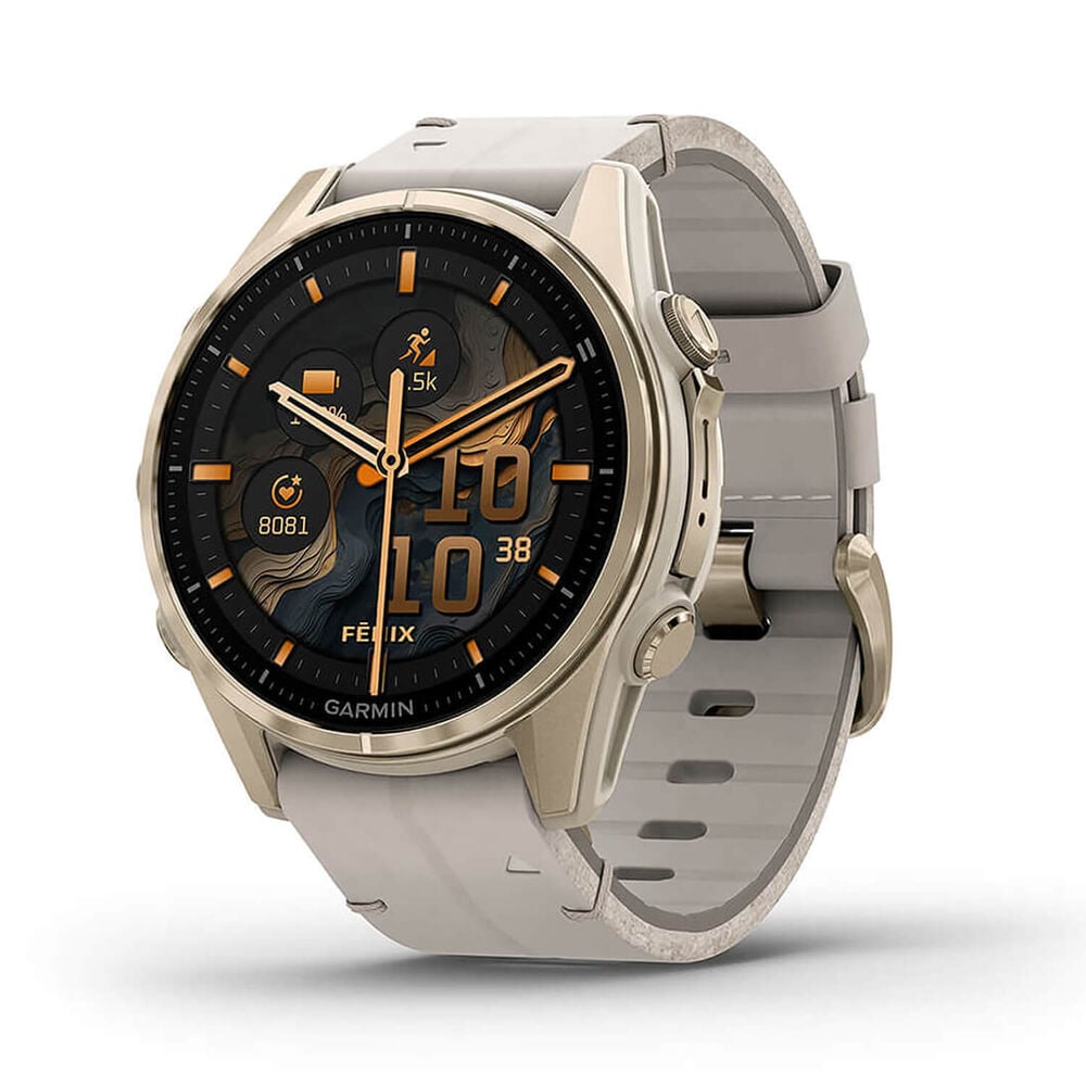 GARMIN FENIX 8 AMOLED-SAPH 43MM SOFT GOLD WITH LIMESTONE LEATHER BAND - ساعة ذكية بمقاس 43 ملم من كارمن