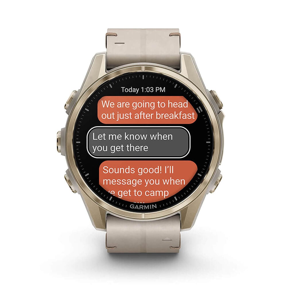 GARMIN FENIX 8 AMOLED-SAPH 43MM SOFT GOLD WITH LIMESTONE LEATHER BAND - ساعة ذكية بمقاس 43 ملم من كارمن