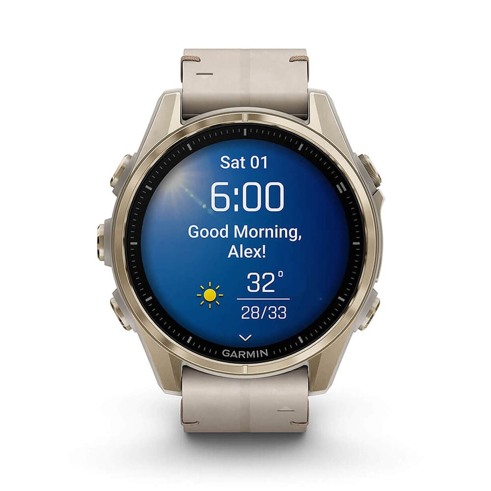 GARMIN FENIX 8 AMOLED-SAPH 43MM SOFT GOLD WITH LIMESTONE LEATHER BAND - ساعة ذكية بمقاس 43 ملم من كارمن