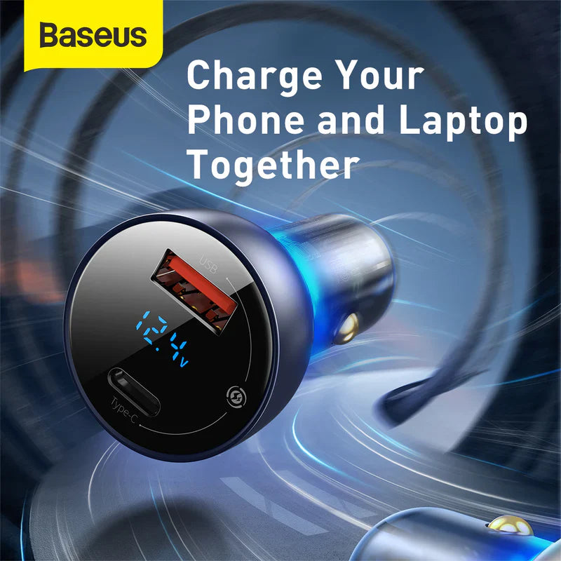 Baseus Particular Digital Display QC+PPS Dual Quick Charger Car Charger 65W Dark Gray - شاحن سيارة 65 واط مع كيبل تايب سي تايب سي من باسيوس