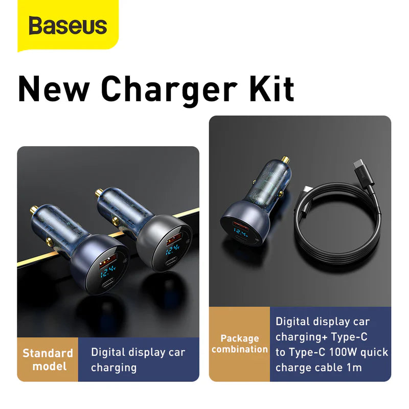 Baseus Particular Digital Display QC+PPS Dual Quick Charger Car Charger 65W Dark Gray - شاحن سيارة 65 واط مع كيبل تايب سي تايب سي من باسيوس
