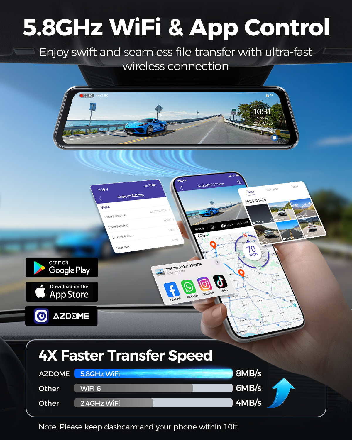 AZDOME PG17 MAX STREAMING MEDIA MIRROR DASH CAM - كاميرا سيارة امامية + خلفية عالية الدقة من ازدوم