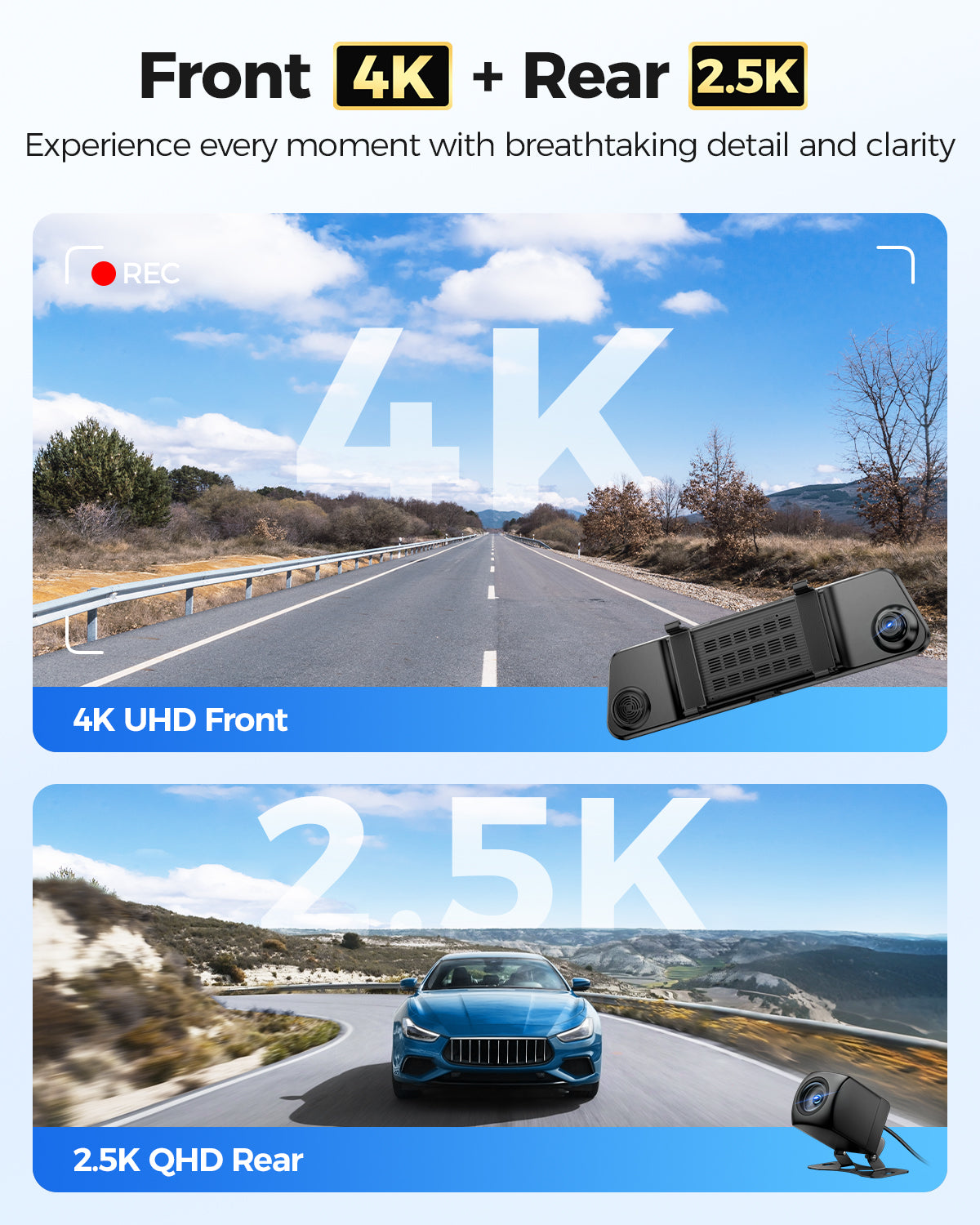 AZDOME PG17 MAX STREAMING MEDIA MIRROR DASH CAM - كاميرا سيارة امامية + خلفية عالية الدقة من ازدوم