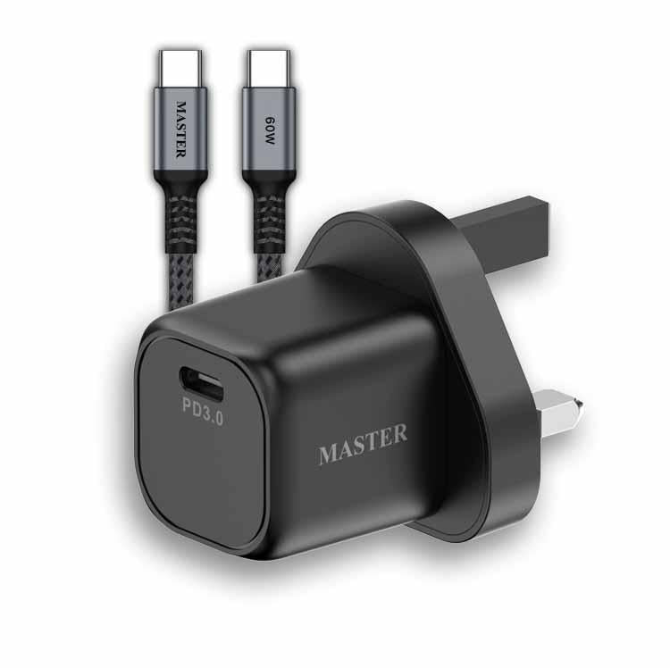 MASTER SUPER FAST CHARGE 35W With cable 60W C to C Black - شاحن تايب سي 35 واط مع كيبل تايب سي تايب سي 60 واط من ماستر اسود