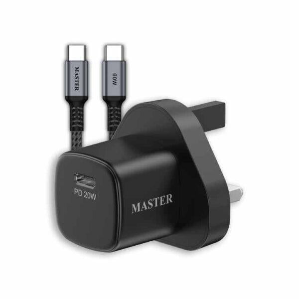 MASTER PD 20W MINI CHARGER WITH CBALE 60W C to C Black - شاحن تايب سي 20 واط مع كيبل تايب سي تايب سي 60 واط من ماستر اسود