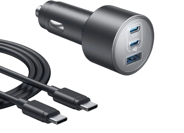 Anker Car Charger 3-Ports 167.5W with 3.3ft USB-C Cable Gray - شاحن سيارة ثلاثي المنافذ 167.5 واط مع كيبل تايب سي تايب سي من انكر