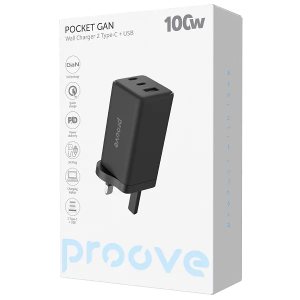 Proove Wall Charger Pocket GaN Max 100W (2*Type-C + USB) UK black - شاحن 100 واط من بروف