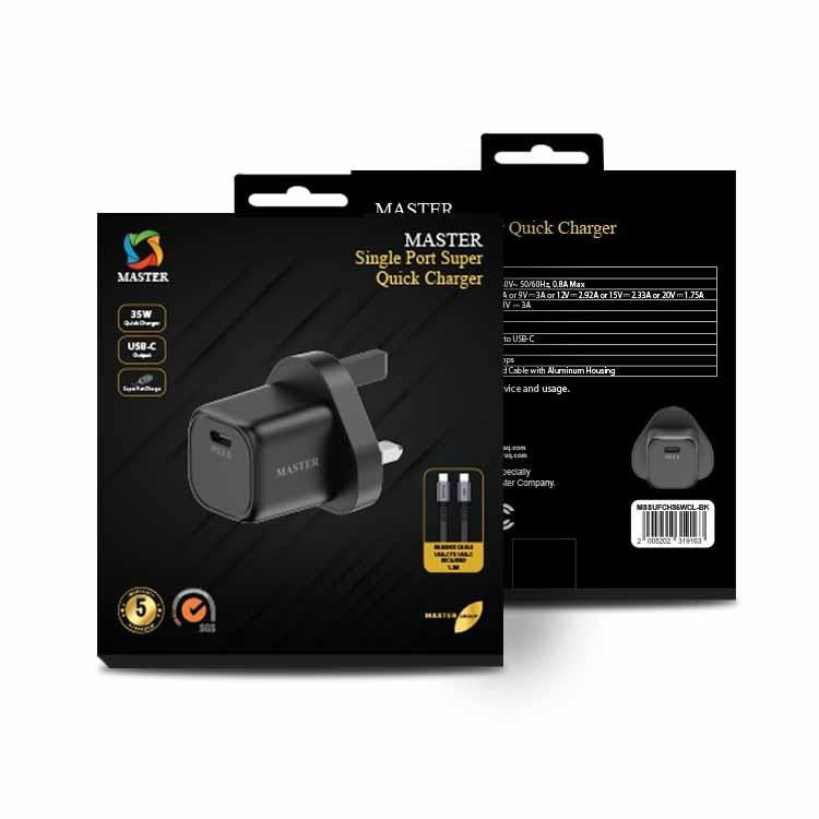 MASTER SUPER FAST CHARGE 35W With cable 60W C to C Black - شاحن تايب سي 35 واط مع كيبل تايب سي تايب سي 60 واط من ماستر اسود