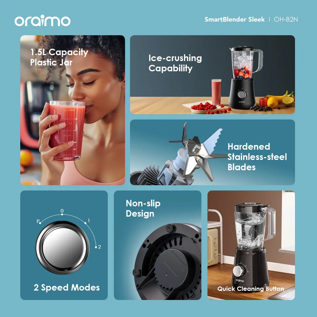 Oraimo SmartBlender Sleek 1.5L 2 Speeds Blender - خلاط كهربائي 1.5 لتر مع مطحنة من اورايمو