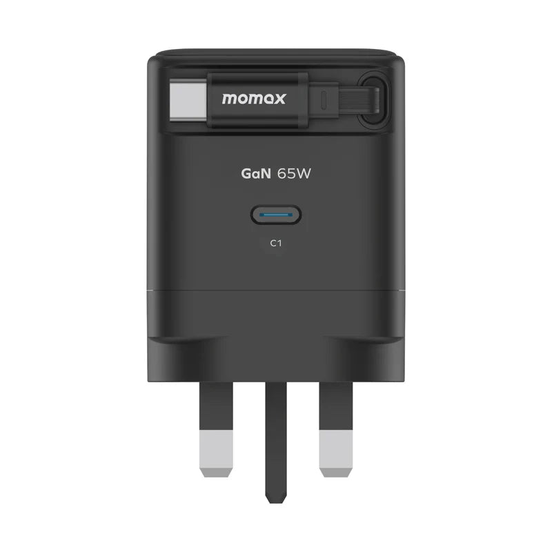Momax CHARGE &Port GaN 65W charger with Retractable USB-C Cable - شاحن 65 واط مع كيبل تايب سي مدمج وقابل للسحب من موماكس