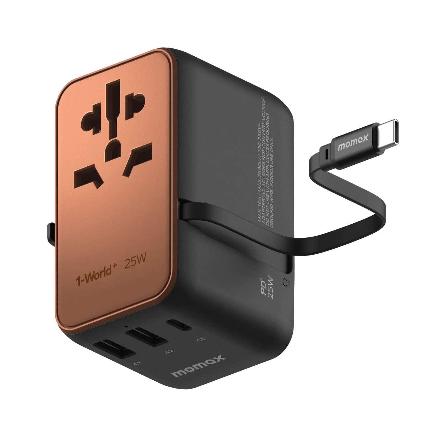 Momax World+ 25W 3-Port w/ Built-in USB-C Cable + AC Travel Adaptor Gold - شاحن عالمي للسفر 25 واط مع كيبل تايب سي مدمج وقابل للسحب من موماكس لون ذهبي