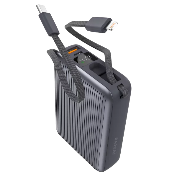 Proove Power Bank Moon Rock 22.5W 20000mAh With Integrated Charging Cables Type-C/Lightning gray - باوربنك 20000 ملي امبير 22.5 مع كيبل تايب سي و لايتننغ مدمجين من بروف رصاصي