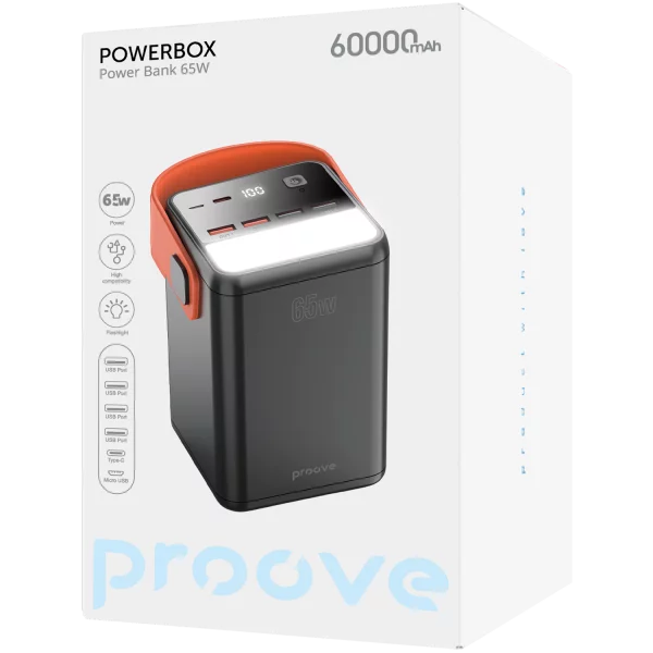 Proove Power Bank Powerbox 65W 60000mAh black - باوربنك 60000 ملي امبير 65 واط مع شاشة رقمية من بروف اسود