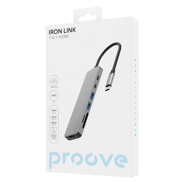 Proove HUB Iron Link 7 in 1 (HDMI) silver - توصالة تايب سي 7 في 1 من بروف فضي