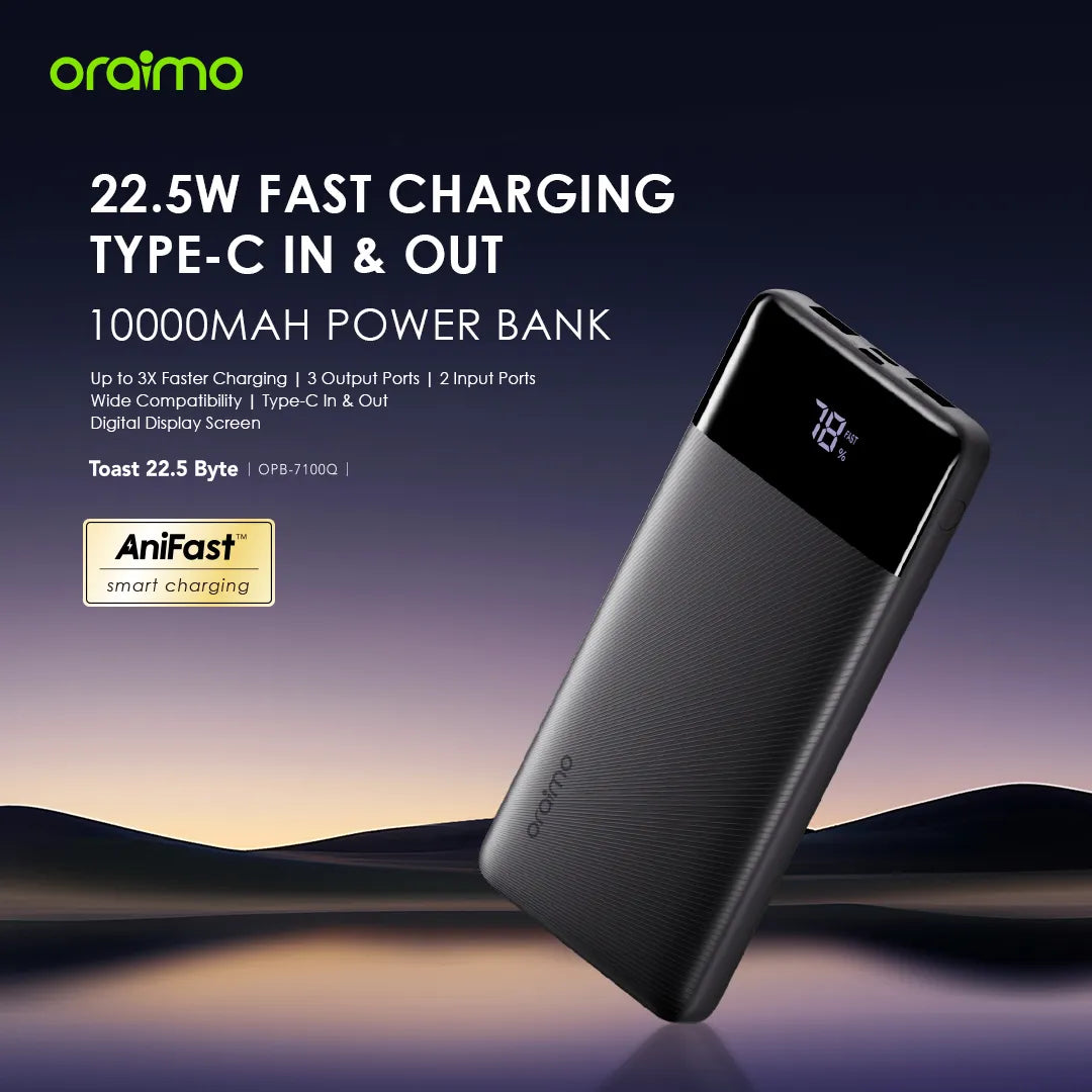 Oraimo Toast 22.5 Byte 10000mAh 22.5W Power Bank - باوربنك 10000 ملي امبير 22.5 واط مع شاشة رقمية من اورايمو