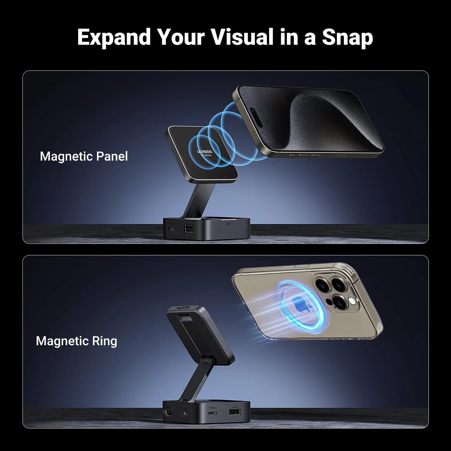 UGREEN Adapter Magnetic 4-in-1 USB-C Hub 100W - محول مغناطيسي 4 في 1 بقوة 100 واط مع ستاند من يوكرين اسود