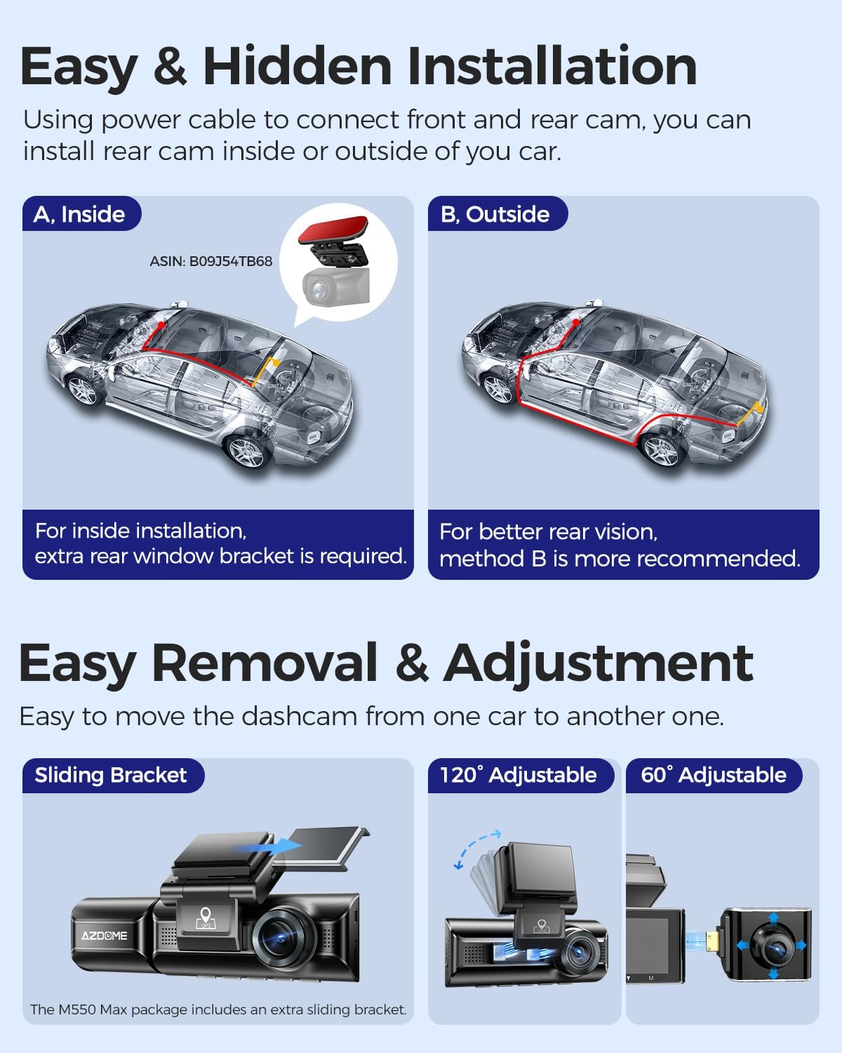 Azdome Dash Cam M550 Max 3 Channels 4k with 64GB TF card - كاميرا سيارة ثلاثية القنوات بدقة 4K امامية و2.5K داخلية و1080P خلفية مع كارت ذاكرة 64 جيجابايت من ازدوم