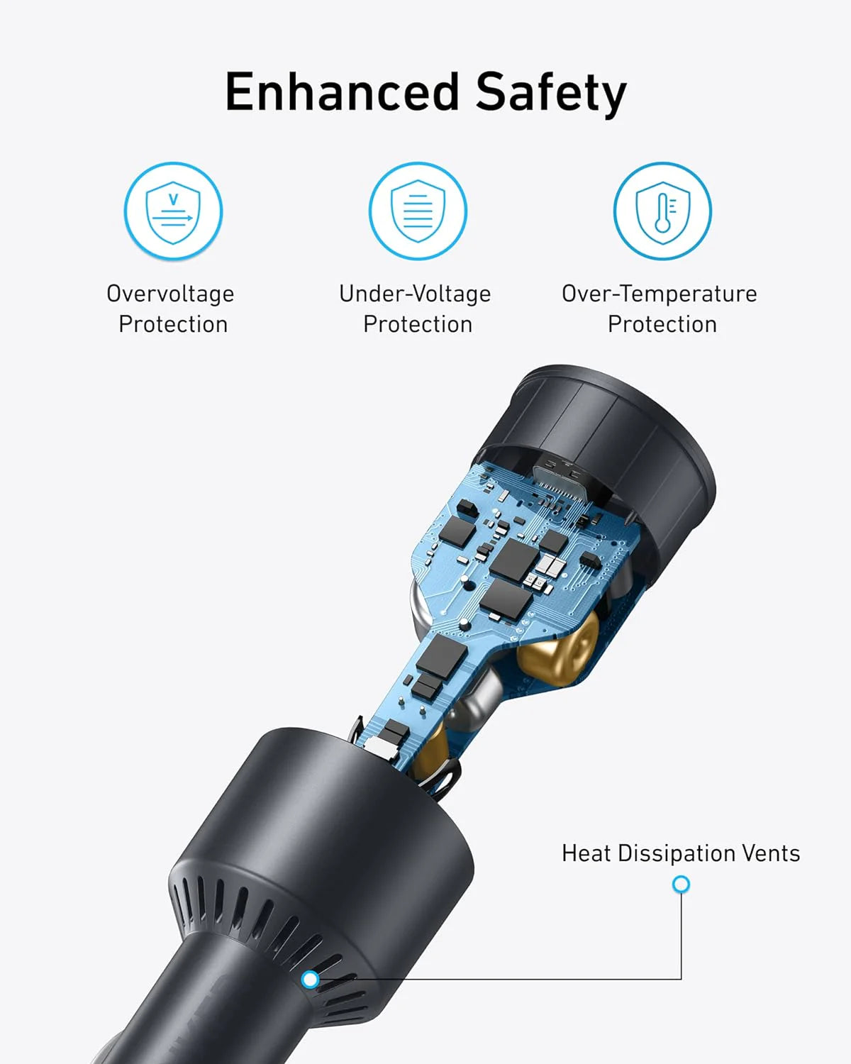 Anker Car Charger 3-Ports 167.5W with 3.3ft USB-C Cable Gray - شاحن سيارة ثلاثي المنافذ 167.5 واط مع كيبل تايب سي تايب سي من انكر