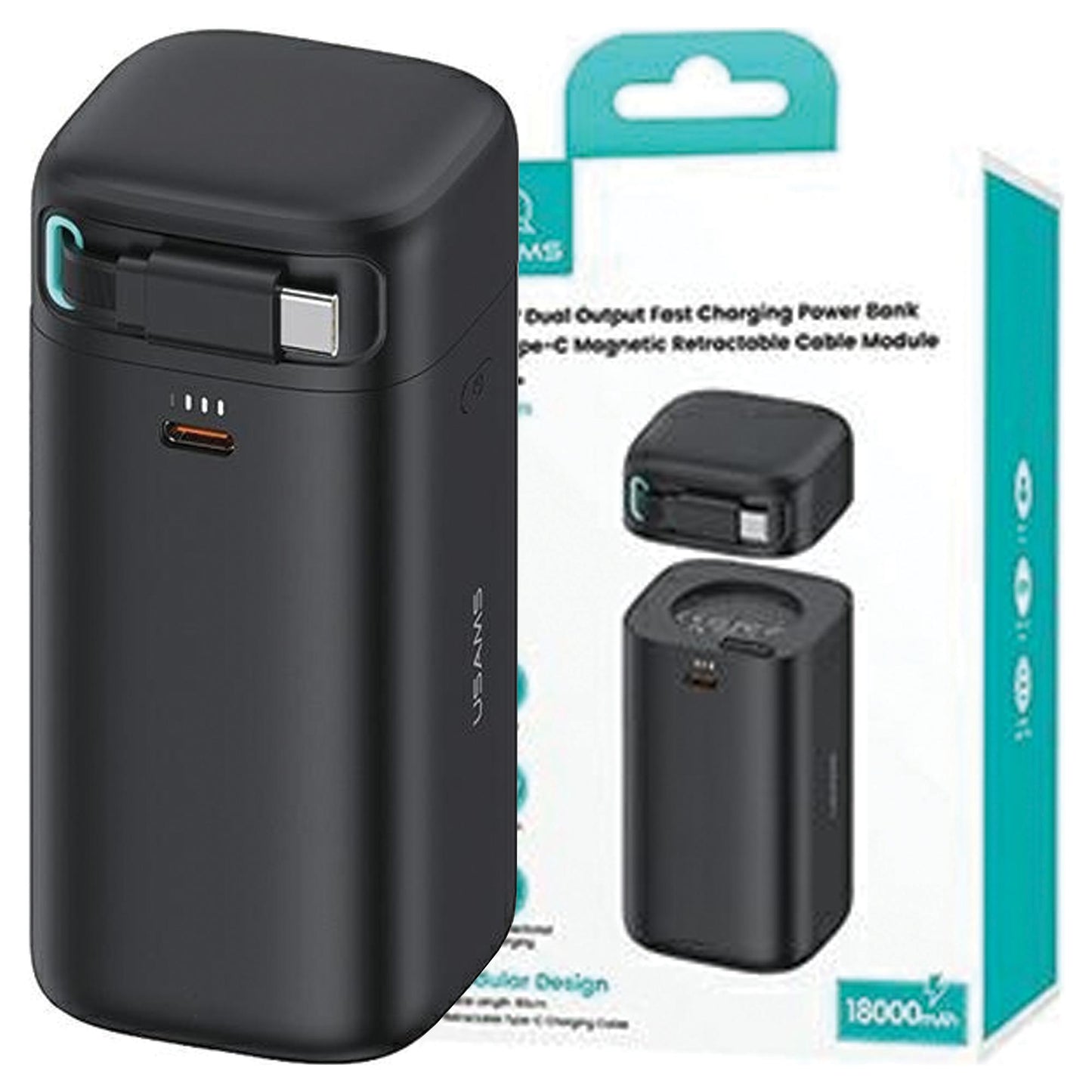 USAMS US-CD216 PD45W Dual Output Fast Charging Power Bank With Type-C Magnetic Retractable Cable Module black mAh18000 - باور بنك 18000 ملي امبير بقدرة 45 واط مع كيبل تايب سي مدمج مغناطيسي قابل للازالة من يوسامس