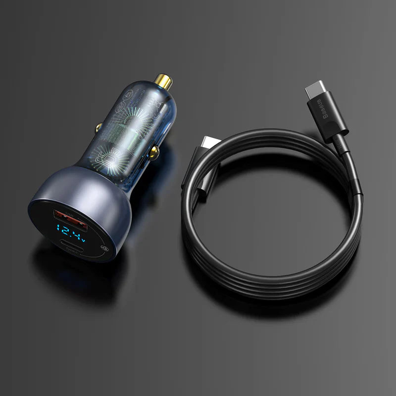 Baseus Particular Digital Display QC+PPS Dual Quick Charger Car Charger 65W Dark Gray - شاحن سيارة 65 واط مع كيبل تايب سي تايب سي من باسيوس