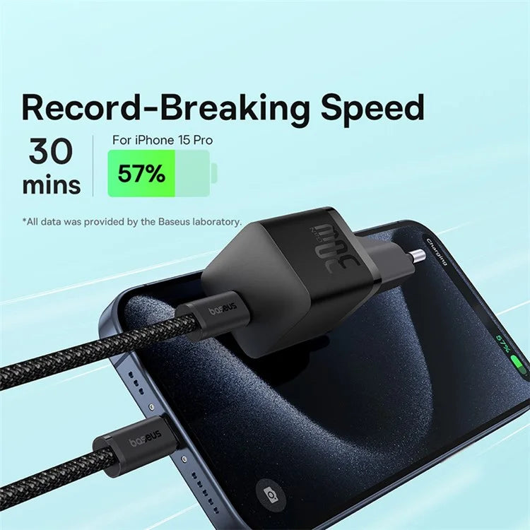 Baseus GaN5 Fast Charger(mini) 1C 30W EU Midnight Purple(With: Baseus Dynamic 3 Series Fast Charging Data Cable Type-C to Type-C 100W 1m Mi - شاحن تايب سي 30 واط مع كيبل تايب سي تايب سي 100 واط من باسيوس