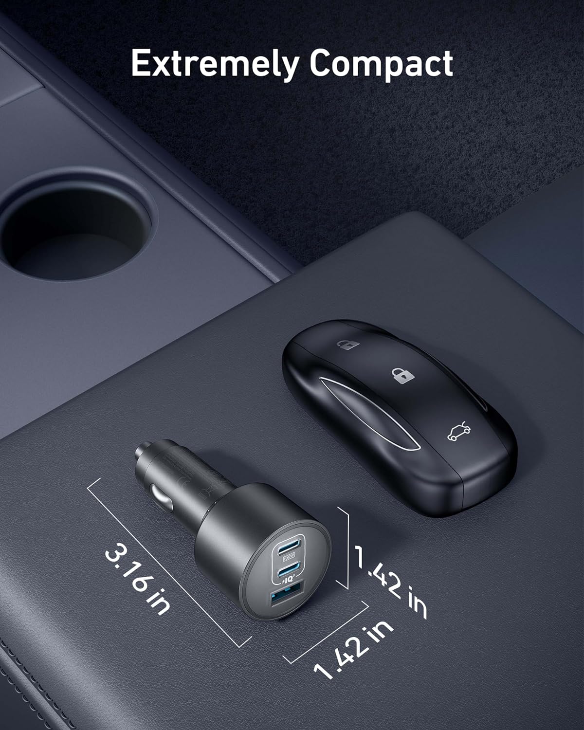 Anker Car Charger 3-Ports 167.5W with 3.3ft USB-C Cable Gray - شاحن سيارة ثلاثي المنافذ 167.5 واط مع كيبل تايب سي تايب سي من انكر