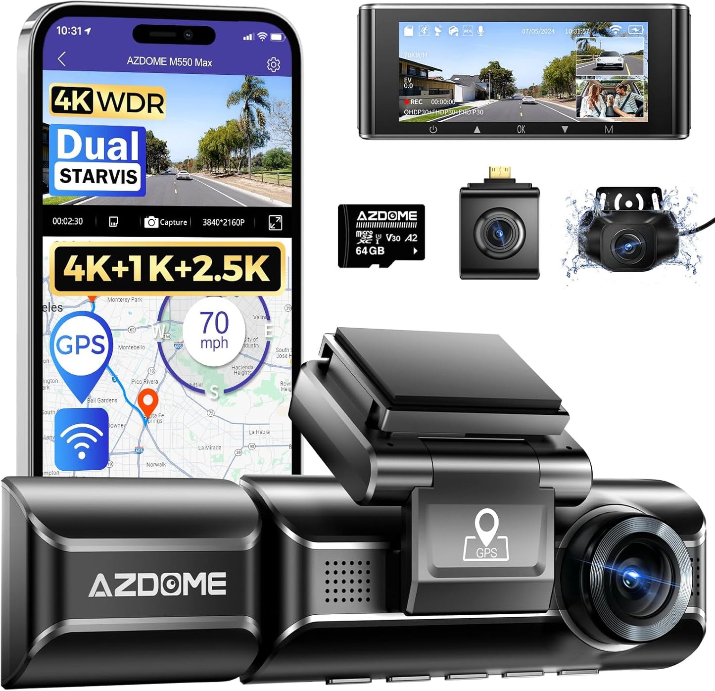 Azdome Dash Cam M550 Max 3 Channels 4k with 64GB TF card - كاميرا سيارة ثلاثية القنوات بدقة 4K امامية و2.5K داخلية و1080P خلفية مع كارت ذاكرة 64 جيجابايت من ازدوم