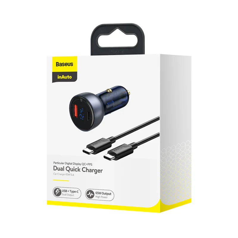 Baseus Particular Digital Display QC+PPS Dual Quick Charger Car Charger 65W Dark Gray - شاحن سيارة 65 واط مع كيبل تايب سي تايب سي من باسيوس