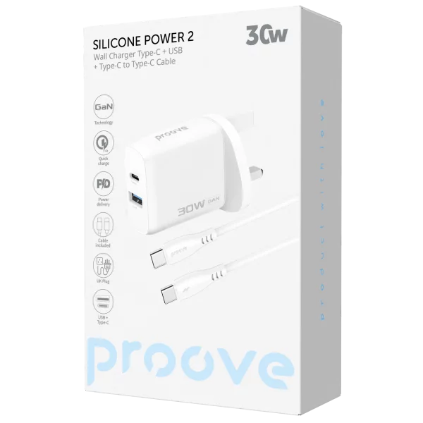 Proove Wall Charger Silicone Power 2 30W (Type-C + USB) + Cable Type-C to Type-C 60W (1m) UK white - شاحن 30 واط مع كيبل تايب سي تايب سي 60 واط 1 متر من بروف ابيض