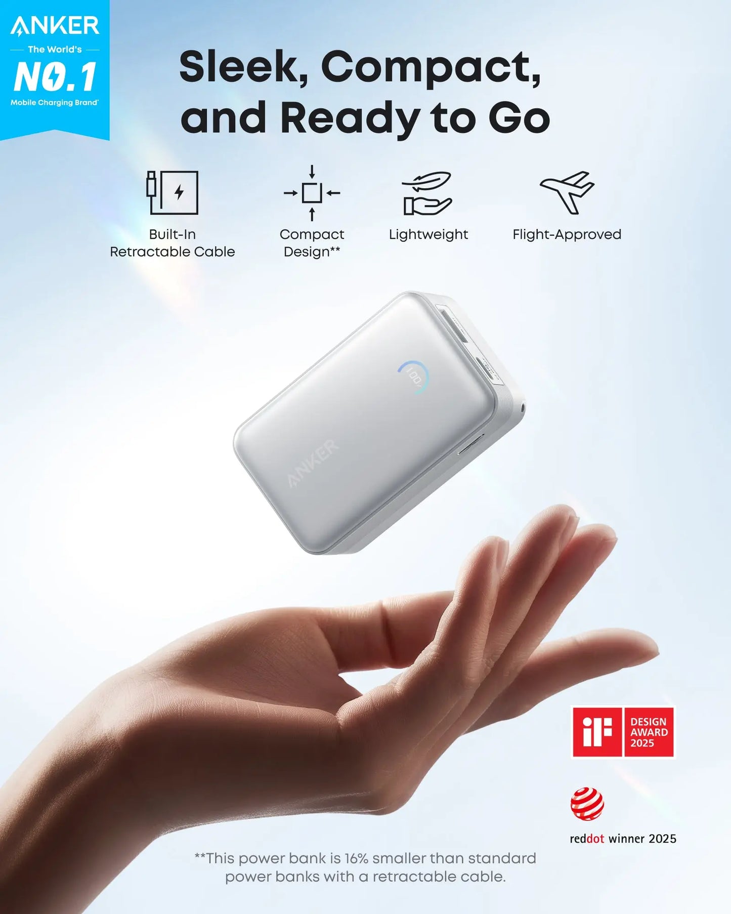 Anker Nano Power Bank 10K 45W Built-In Retractable USB-C Cable White - باوربنك 10000 ملي امبير 45 واط مع كيبل تايب سي مدمج قابل للسحب من انكر ابيض