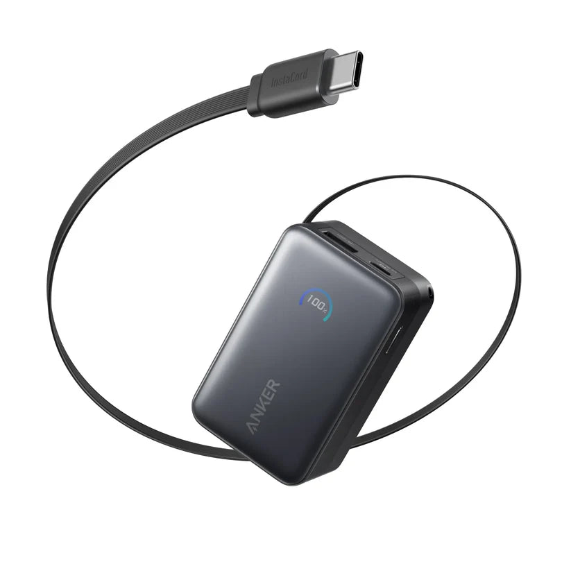 Anker Nano Power Bank 10K 45W Built-In Retractable USB-C Cable Black - باوربنك 10000 ملي امبير 45 واط مع كيبل تايب سي مدمج قابل للسحب من انكر اسود