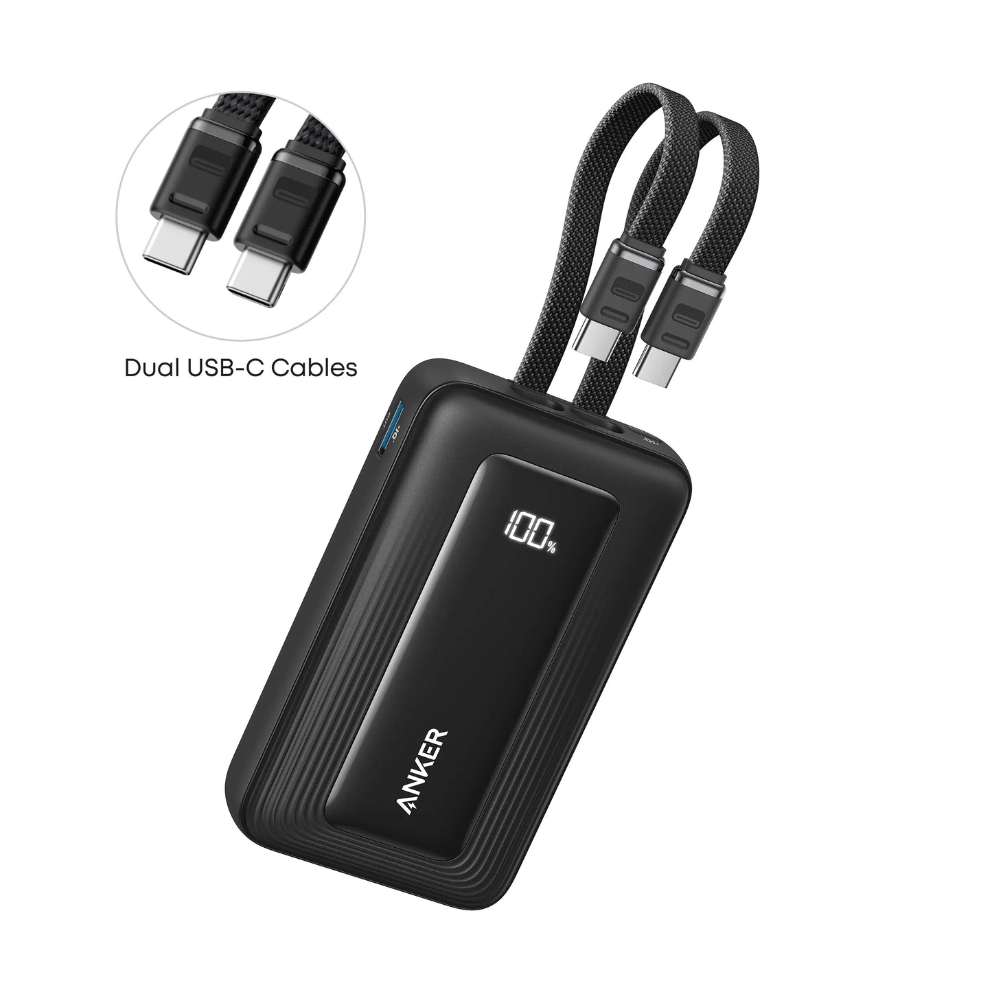 Anker Zolo Power Bank 10K mAh 35W Built-In Dual USB-C Cables Black - باوربنك 10000 ملي امبير 35 واط مع كيبل تايب سي عدد 2 مدمج من انكر اسود