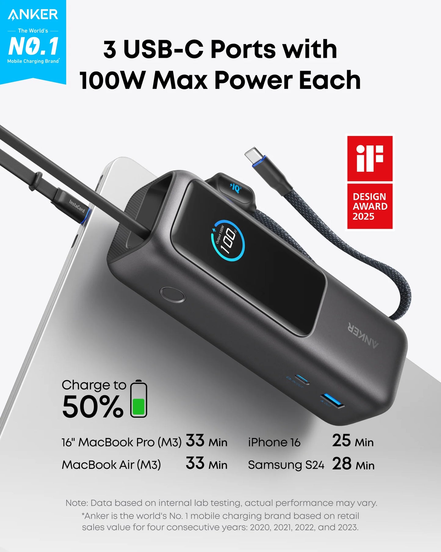 Anker Power Bank 25K mAh 165W Built-In USB-C and Retractable Cable Black - باوربنك 25000 ملي امبير 165 واط مع كيبل تايب سي مدمج وقابل للسحب من انكر اسود