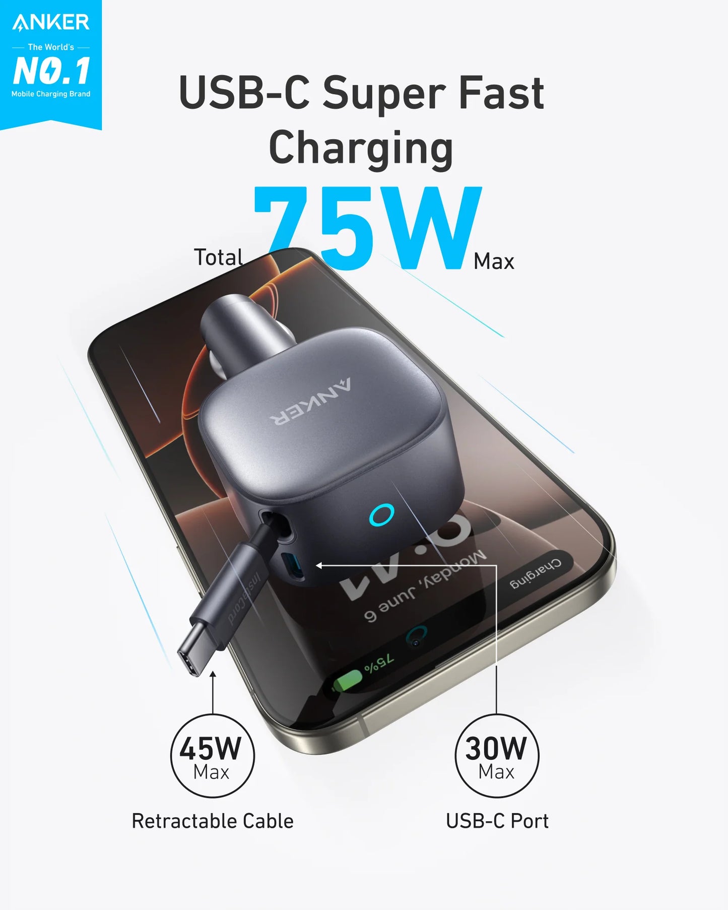 Anker Nano Car Charger 75W Gray - شاحن سيارة 75 واط مع كيبل تايب سي مدمج قابل للسحب من انكر