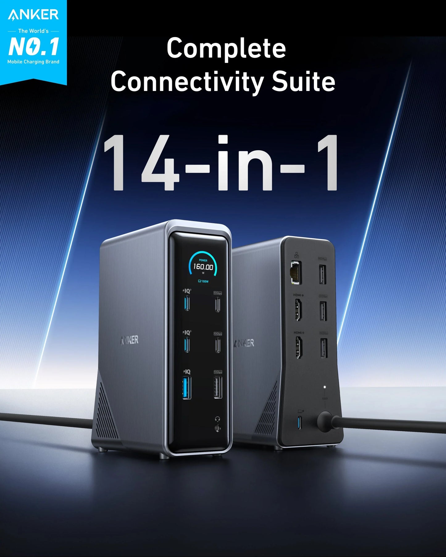 Anker Prime Charging Docking Station 160W 14-in-1 Dual Display Gray - محطة شحن 14 في 1 مع شاشة رقمية 160 واط من انكر