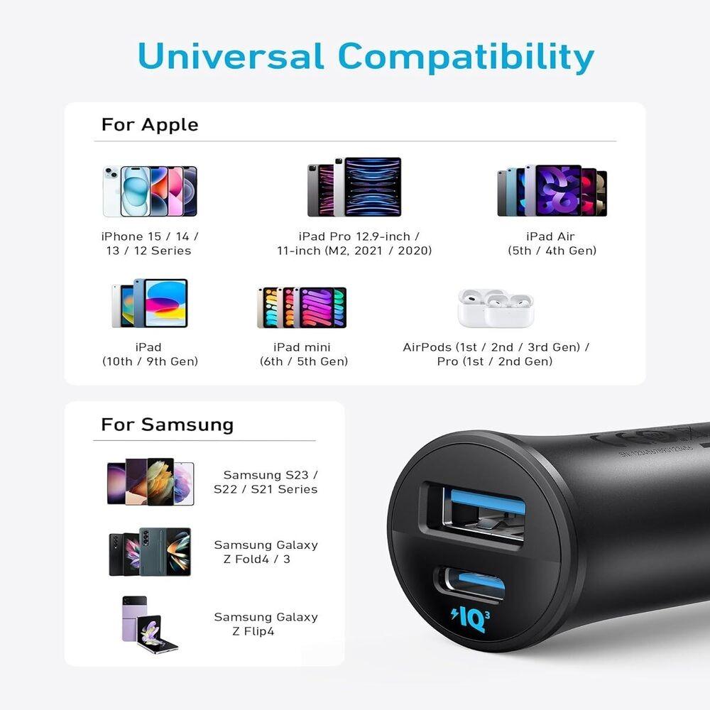 Anker Car Charger 30W 2-Ports Black - شاحن سيارة 30 واط من انكر اسود