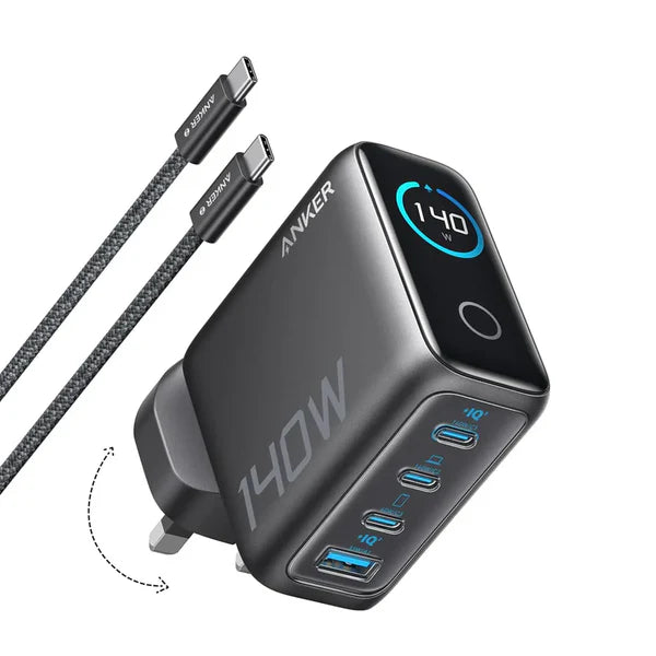 Anker Zolo Charger 140W 3C1A GaN with 1.5m USB-C Cable Dark Gray - شاحن 140 واط متعدد المنافذ مع كيبل تايب سي تايب سي 1.5 متر وشاشة رقمية من انكر
