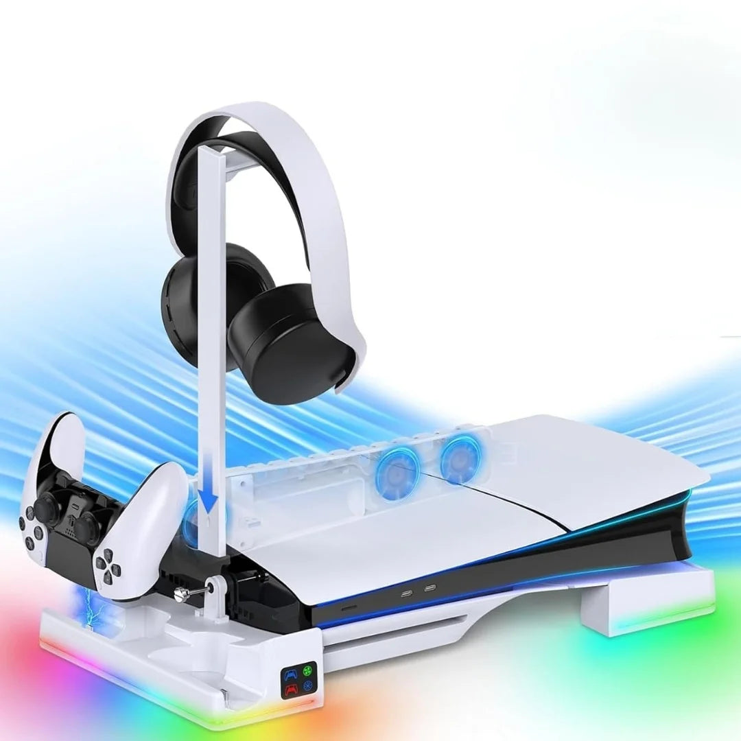 HORIZONTAL STAND COOLING FANS+CHARGING+HEADSET HOLDER+RGB LIGTING FOR P5 PRO/P5 SLIM - ستاند افقي متعدد الوظائف مع تبريد وشحن وحامل سماعة واضاءة RGB لجهاز بلايستيشن 5 سليم وبرو