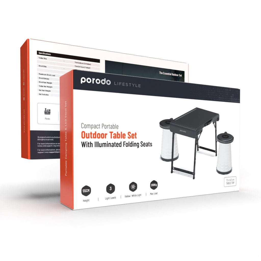 Porodo Camping Foldable Desk and LED (White/Yellow) Stool Set - طاولة مع مقعد عدد 2 قابل للطي للسفر والتخييم من بورودو