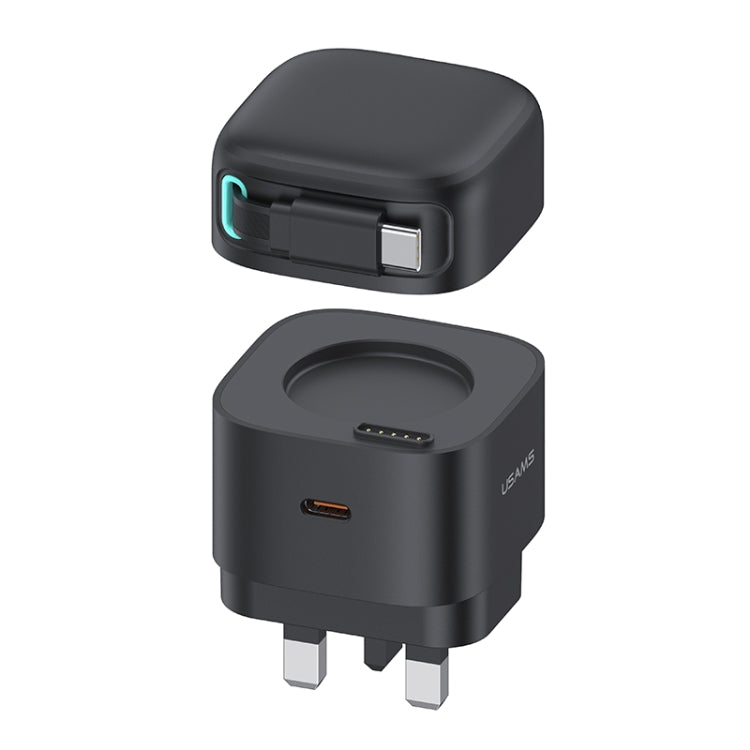 USAMS US-CC204 PD35W Dual Output GaN Fast Charger With Type-C Magnetic Retractable Cable Module black - شاحن 35 واط مع كيبل تايب سي مدمج مغناطيسي قابل للازالة من يوسامس اسود