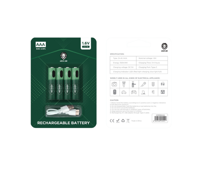 Green Lion Rechargeable Battery AAA ( 4pcs/pack ) 500mWh / 1.6V - Green-بطاريات AAA قابلة لإعادة الشحن من غرين لايون