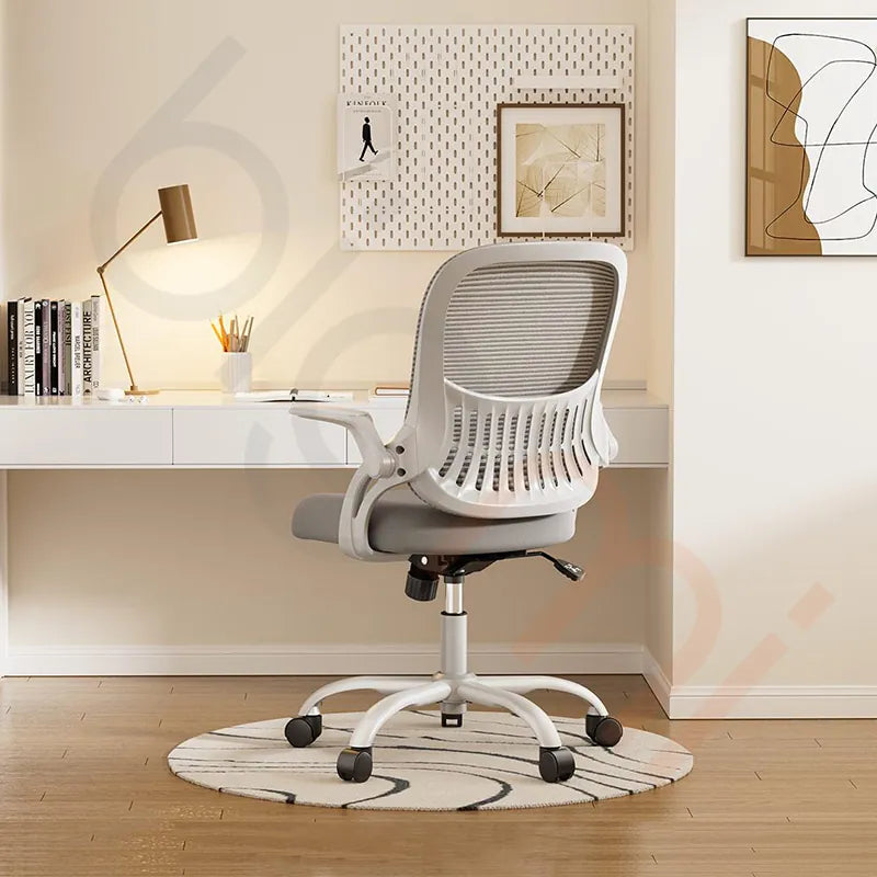 COMPUTER CHAIR GREY - كرسي كمبيوتر منزلي مريح للدراسة بتصميم منحني ومسند ذراع قابل للطي رمادي