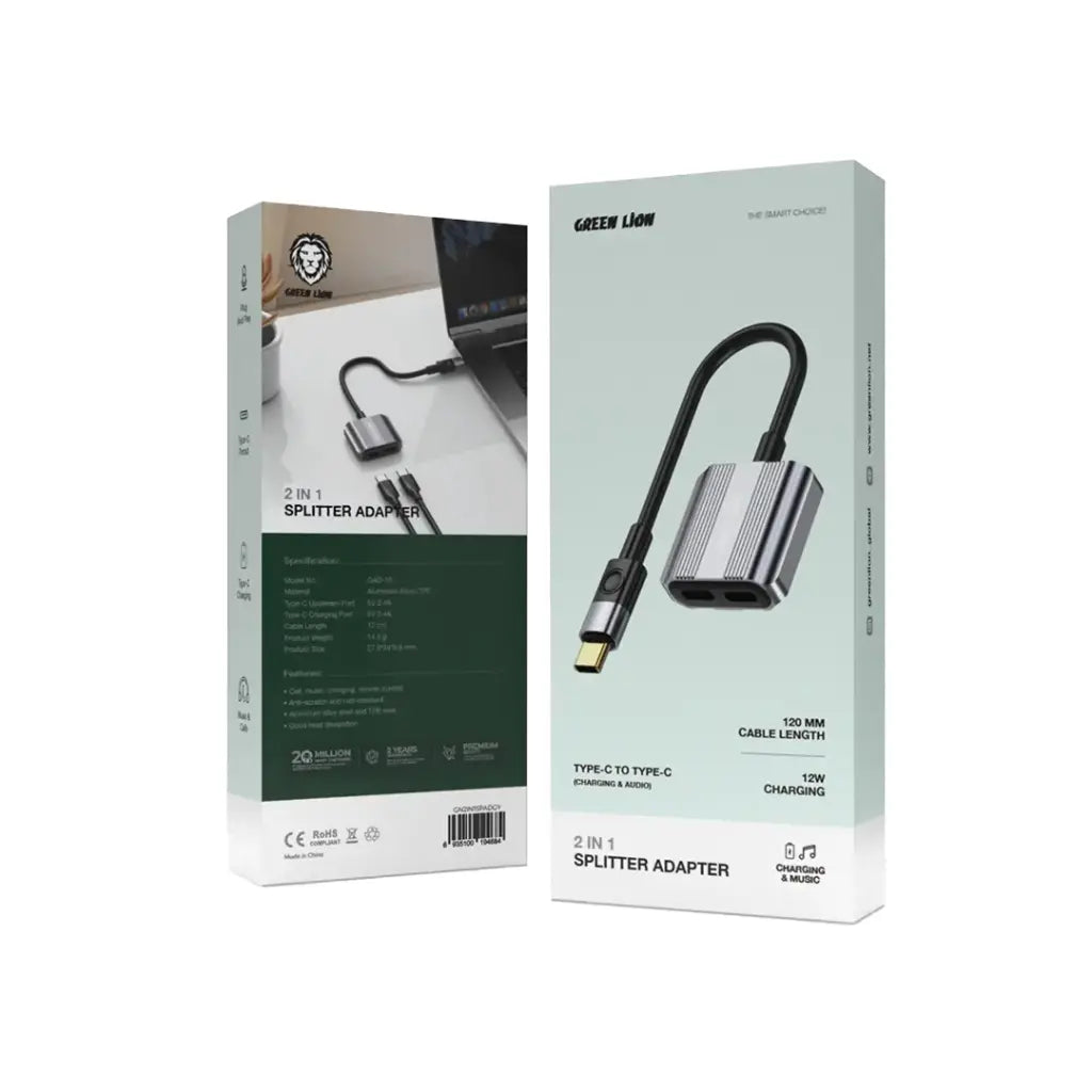 Green Lion 2 In 1 Splitter Adapter Type-C to Dual Type-C Gray - توصالة تايب سي 2 في 1 من كرين