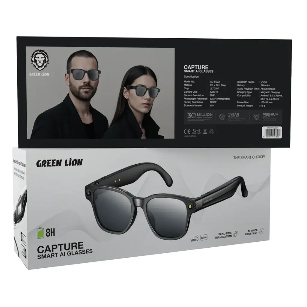 Green Lion CAPTURE Smart AI Glasses Black - نظارات ذكية بتقنية الذكاء الاصطناعي من كرين اسود