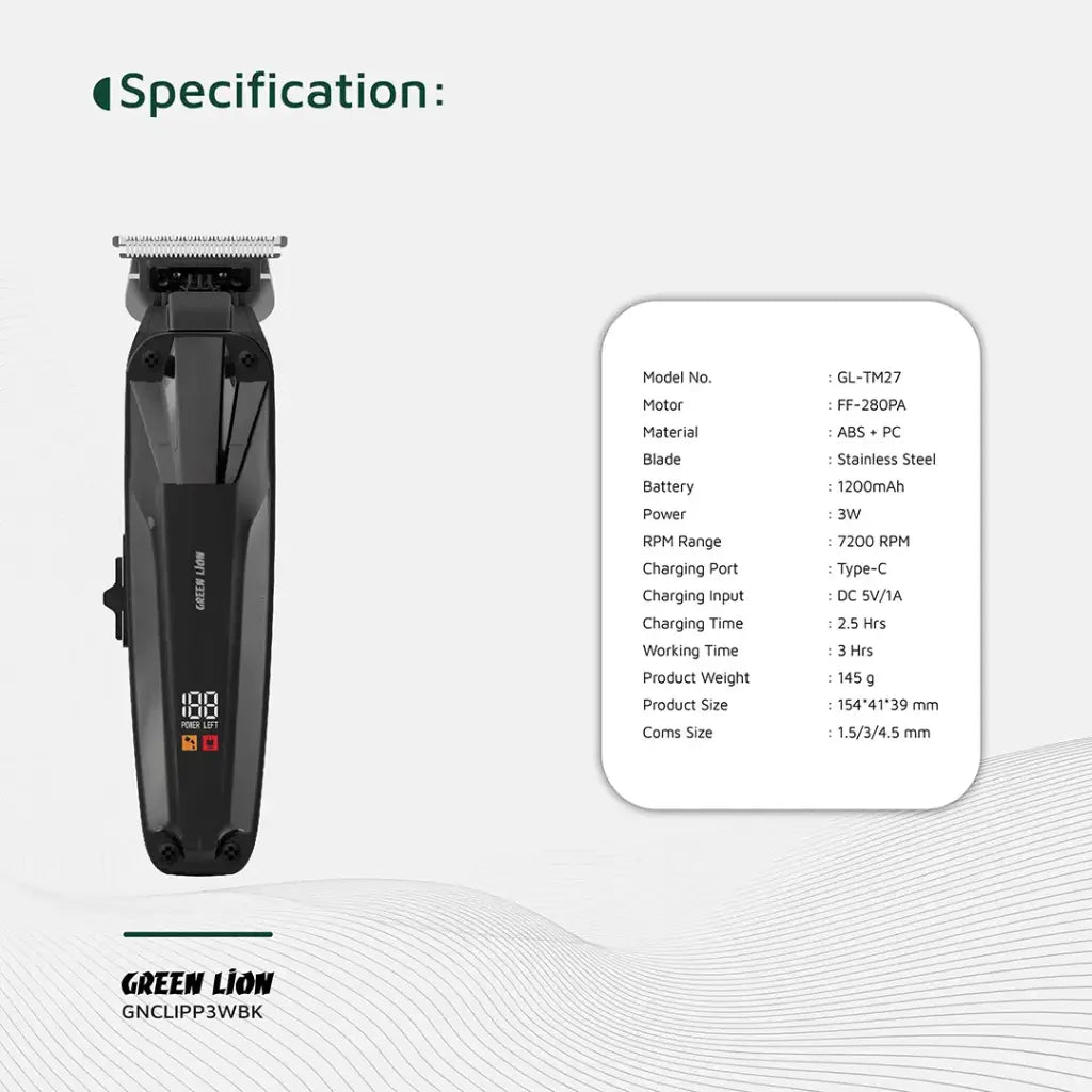 Green Lion Clip Master Professional Hair Clipper Black - ماكنة حلاقة احترافية مع شاشة رقمية من كرين اسود