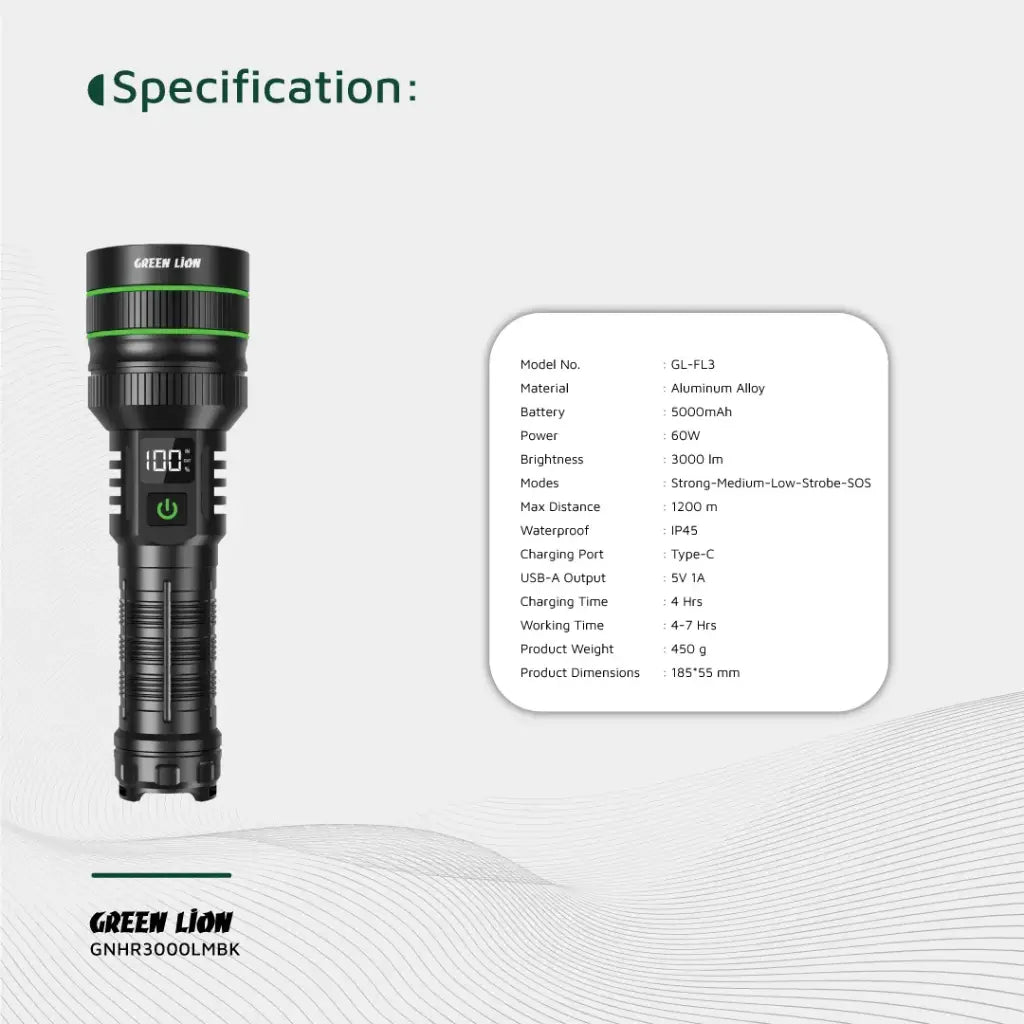 Green Lion Hyper Ray Pro 3000LM Black - مصباح كشاف 3000 لومن من كرين اسود